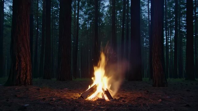 Crackling Campfire Surrounded by Tall Trees in a Peaceful Forest at Night. Seamless looping 4k video background 