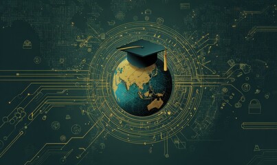 Global Education Paradigm: A visual representation of knowledge, showcasing a graduation cap atop a stylized globe, symbolizing education's global reach, technological advancement.