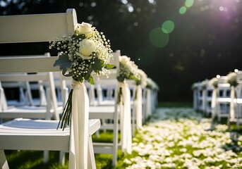 Luxurious white folding chair decorations for an outdoor wedding ceremony aisle, beautiful bridal path leading lines, romantic floral design, planning and events marketing background