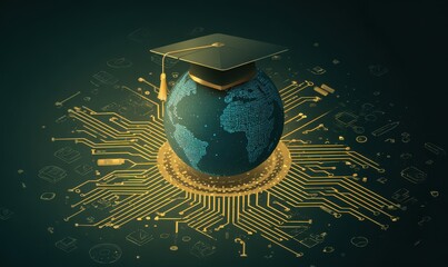 Global Education: A visionary depiction of education's boundless reach, a globe crowned with a graduation cap rests atop a technological circuit board.