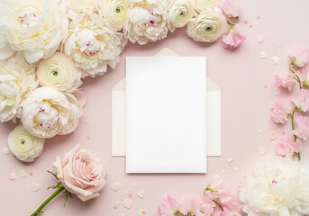 Romantic Wedding Invitation Flat Lay: White Peonies, Blush Roses, Ranunculus Blooms & Heart Confetti