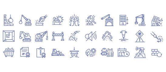Demolition and construction icon set featuring building teardown, heavy machinery and site safety gear. Includes environmental compliance and permit documentation in detailed line vector illustration.