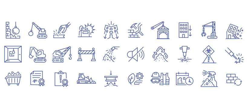 Demolition and construction icon set featuring building teardown, heavy machinery and site safety gear. Includes environmental compliance and permit documentation in detailed line vector illustration.