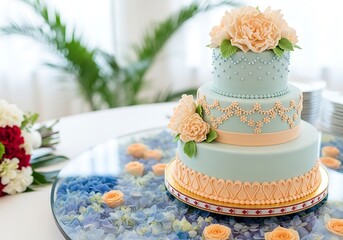 Elegant four-tiered wedding cake decorated with luxurious peach peonies and mint blue fondant, perfect for high-end celebration concepts, luxury event planning, bakery catalogs, and sophisticated