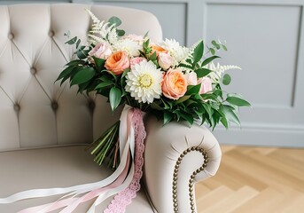 Elegant cascading bridal bouquet featuring vibrant coral roses and white dahlias with flowing blush and fuchsia ribbons, luxurious wedding photography ideal for event planning, floral artistry
