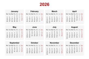 Vector illustration of English calendar for year 2026. Monday as first day of week