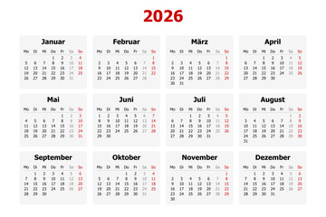 Vector illustration of modern German calendar for year 2026