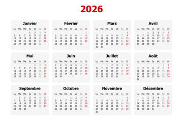 Vector illustration of modern French calendar for year 2026