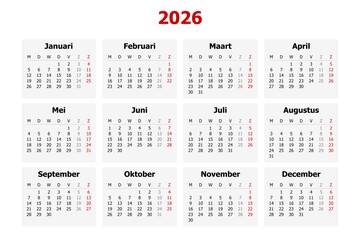 Vector illustration of modern Dutch calendar for year 2026 in Netherlands