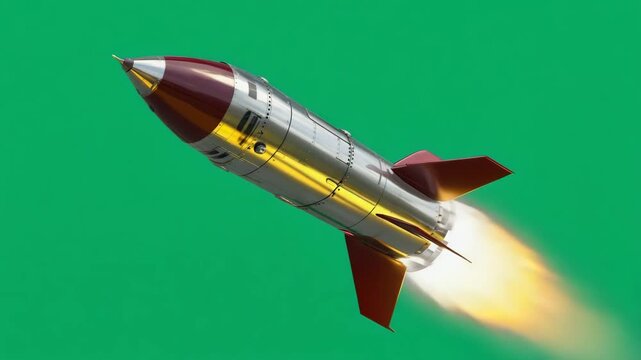 Rocket Launch Flying Up with Fire Animation on Green Screen Background