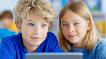Two schoolchildren using a laptop together in classroom, smiling and concentrating. Concept of digital education, teamwork, e-learning, childhood development and technology.
