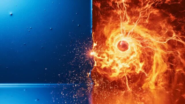 Abstract motion graphic showing a vertical split between a deep, cool, static blue liquid texture and a bright, warm, dynamically swirling orange energy field swirling, chaotic, dynamically
