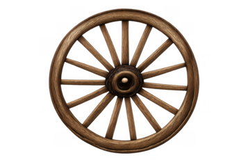Old wooden cartwheel for vintage transportation with spokes and hub, rustic wood vehicle part on transparent background