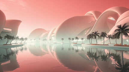 A futuristic city immersed in greenery and water, with skyscrapers constructed using unusual architectural solutions. Vegetation is integrated into the architecture, creating a harmonious blend of nat
