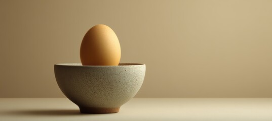 single egg on ceramic dish against off-white seamless background