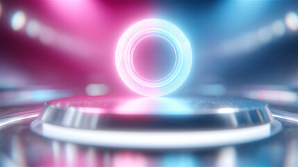 Futuristic neon ring hovering above glossy platform with colorful light trails, sci-fi stage backdrop. Technology innovation and virtual event concept, abstract copy space.