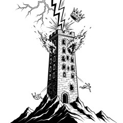 The Tower Tarot Card Illustration: Esoteric Symbolism, Major Arcana, Black and White Art