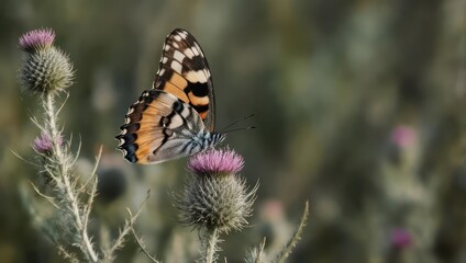 Obraz premium Painted Lady Butterfly on a Thistle Flower in a Natural Setting.