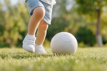 Child feet beside a soccer ball on green grass in sunny park, low angle close-up. Youth sports, outdoor play, training, and teamwork concept with copy space.