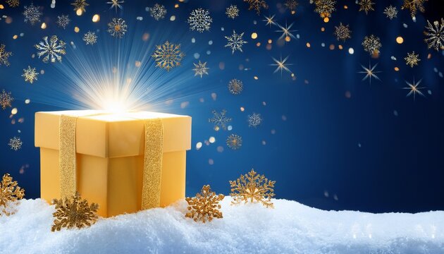 Boite Cadeau Jaune Illuminee De Blanc Centree Sur L Image Isolee Sur Un Lit De Neige Entoure De Flocons Et Paillettes Dores Fond Bleu Nuit Invitation Aux Fetes De Fin D Annee Noel Carte Cadeau