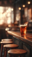 Pint with foam and soft circular backdrop on warm textured background