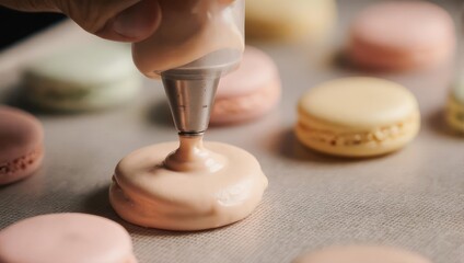 Pastry chef carefully piping delicious cream filling into delicate French macarons.