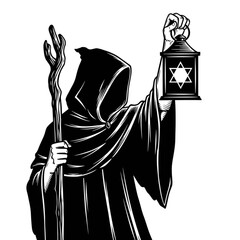 Mystic Figure with Lantern and Staff: Esoteric Symbolism, Occult Illustration, Magic, Wizard, Arcane, Witchcraft, Black and White, Spiritual, Mystery, Seeker, Hooded Figure