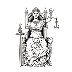 Justice Tarot Card: Major Arcana Illustration, Vintage Symbolism, Line Art