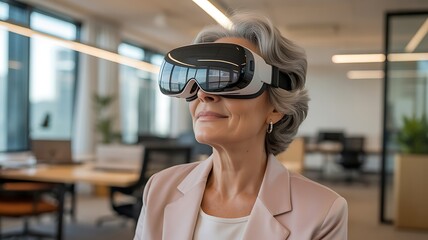 Elderly woman wearing augmented reality glasses in a modern office, soft colors, natural light, contemporary realism, 8k