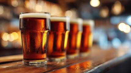 pint glasses on bar top warm amber glow taproom vibe