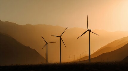 Wind turbines generating clean energy at sunset in mountains