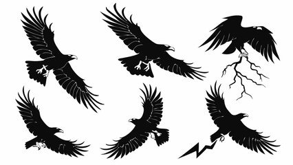 Obraz premium Six Black Eagle Silhouettes Flying Aggressively with Lightning Strikes for Sports Logos Tattoos or Power Graphics