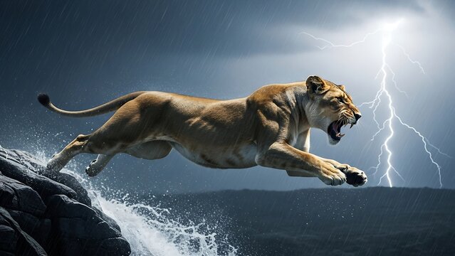 Tiger jumping over water during storm.