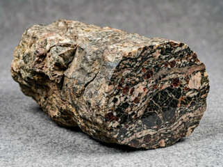 A collectible geological specimen of granulite with dark garnet clusters and complex mineral banding on a cut polished face