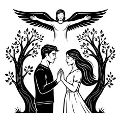 Esoteric Couple under Angel Wings: Mystical Love, Tarot Arcana, Spiritual Connection, Black and White Illustration