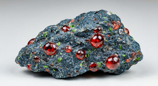 A collectible geological specimen of magmatic kimberlite rock containing deep red pyrope garnet grains from a diamond pipe deposit.