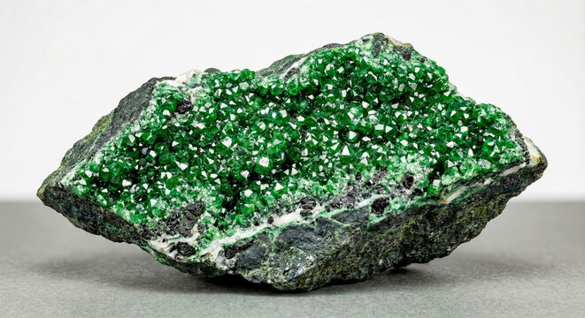 A collectible geological specimen of green uvarovite garnet druse known as Ural Emerald Brush on a dark green serpentinite matrix.
