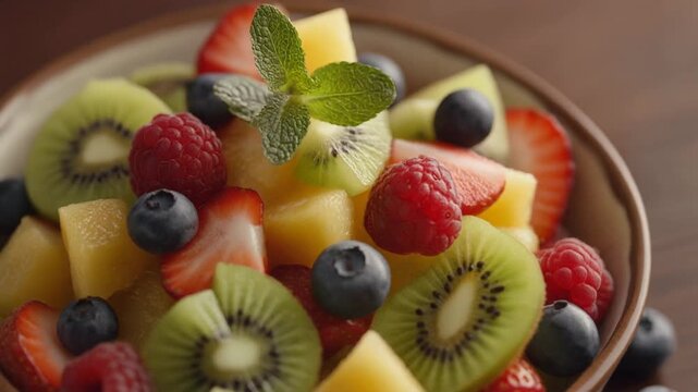 A bowl filled with a mix of colorful fruits including kiwi pineapple blueberries and red berries is visible in the image
