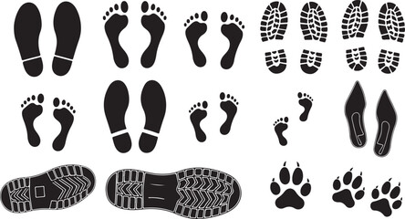 Human walking footprints and shoe sole marks vector set. Bare feet and kids footsteps trail icons for path and print design eps