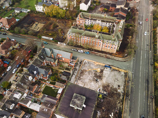 Newcastle England: 17th Aug 2025: Westgate Road police station demoltion renovation works. Drone point of view on quiet morning. Top down view