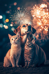 Pets at night during fireworks, animal welfare concept