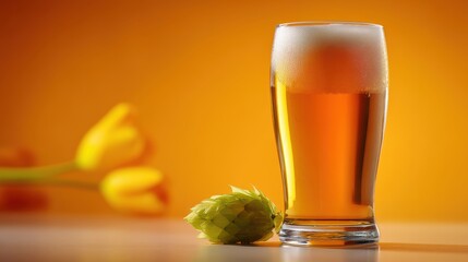 tulip glass beer with hop cone and foam peak on gradient background