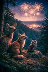 Deer, fox and owl watching fireworks from forest