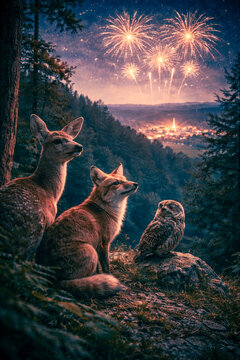 Deer, fox and owl watching fireworks from forest