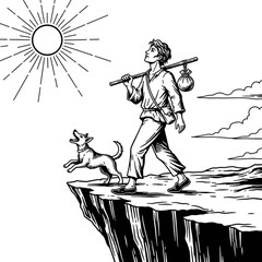 The Fool Tarot Card Illustration: Esoteric Symbolism, New Beginnings & Adventure - Black & White Line Art, Spiritual Journey, Destiny, Divination, Dog Companion
