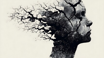 silhouette of a head with inner space collapsing inward, cracks forming across surface, symbolizing emotional compression and mental strain — v 7 