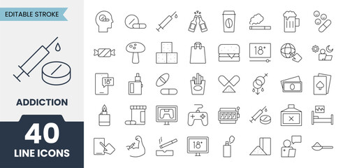 Addiction line icons set with editable stroke. Containing drug, cocaine, tobacco, alcohol, gaming, sugar, gambling and more. Vector illustration