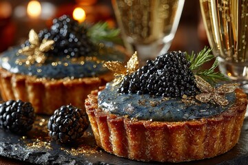 Festive Gourmet Tartlets with Caviar and Berries for New Year