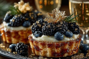 New Year Party Tartlets with Blueberries, and Gold Accents