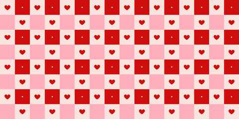 Valentine's Day red and pink checkered seamless patter with hearts. Repeating print for wrapping paper and poster. Love and romantic wallpaper. Vector illustration background